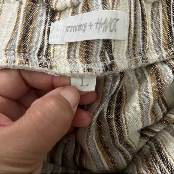 Harmony & Havoc Linen Blend Striped Brown Pants w Drawstring Large Paper Bag Top - Picture 3 of 9